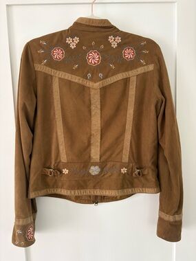 A·B·S by Allen Schwartz Embroidered faux Suede zip up boho chic Jacket brown (M)